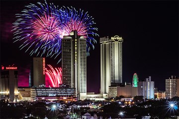 Atlantic City North Beach fireworks spectacular over casino hotels and Boardwalk.