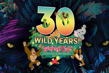 30 Wild Years Rainforest Cafe a wild place to shop and eat. Illustrated animal characters and jungle theme.