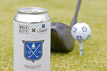 Brix City Brewing and Seaview Golf Club India Pale Ale can, golf club and golf ball.