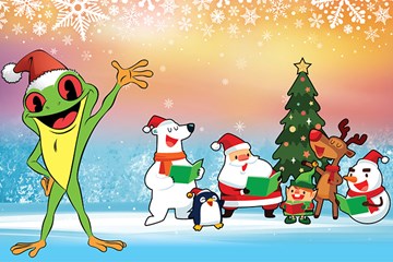 Happy Frog with Santa Hat waving with holiday characters singing carols around a holiday tree.